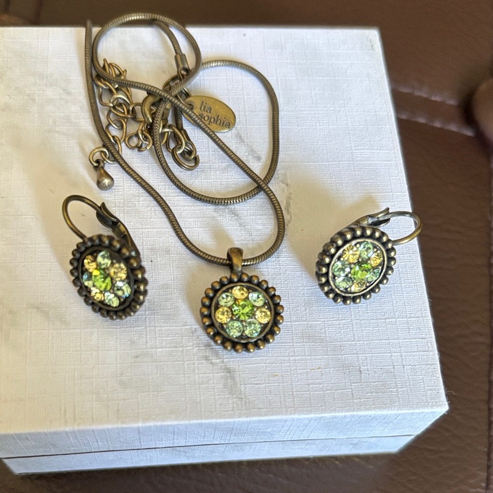 Lia Sophia Antique Gold-Tone Necklace & Earring Set with Green Crystals